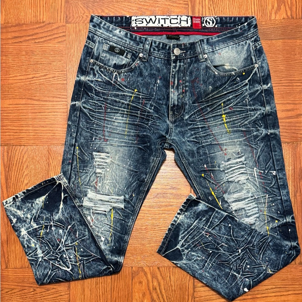 Switch Paint-Splattered Ripped Distressed Denim Jeans 34x30